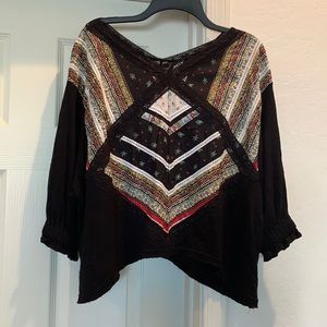 Free People Boho Prairie Days Printed Lace-Trim Linen Blend Blouse size small